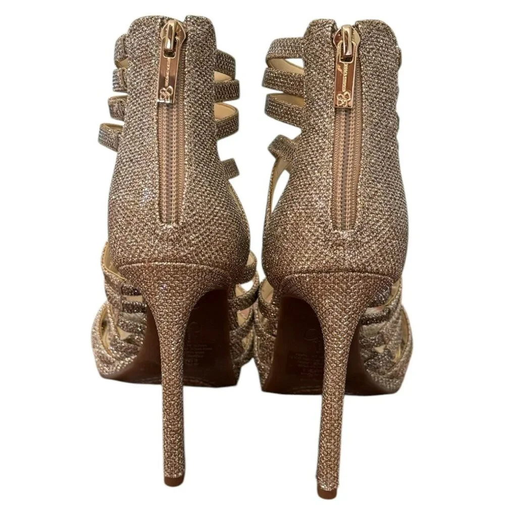 NWOT Jessica Simpson Palkaya Gold Glitter Strappy Stiletto Heel Sandals  4.25" - Picture 4 of 9
